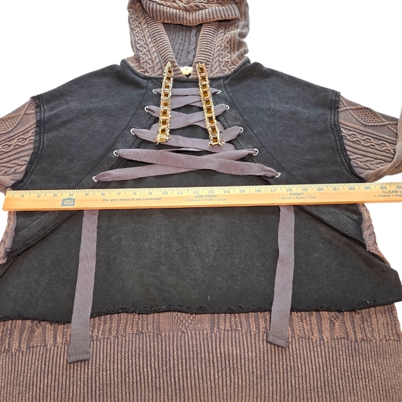 POL Rebel Lace Up Knit Hoodie Mineral Wash Brown Black Small NWOT - Picture 10 of 16
